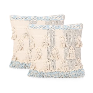 Grannel Boho Natural and Light Blue Handcrafted Fabric 18 in. x 18 in. Throw Pillow (Set of 2)