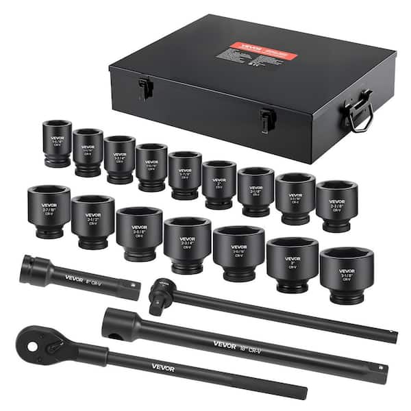 21-Piece 1 in. Drive Impact Socket Set, SAE (1-5/8 in. to 3-1/8 in. ), Cr-V Steel, with Extensions, Ratchet, and Case