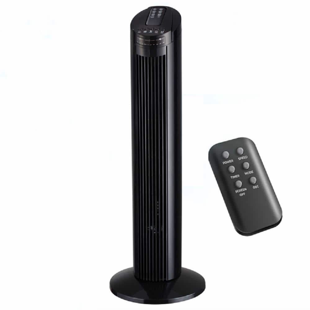 29 in. 3 Fan Speeds Bladeless Tower Fan Black with Top Mounted Remote 7.5 H