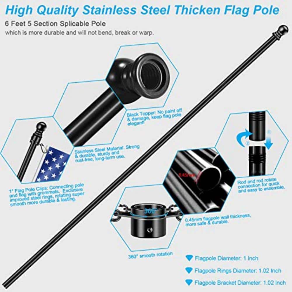6ft Black Stainless Steel Outdoor Flag Pole Kit with Adjustable Bracket