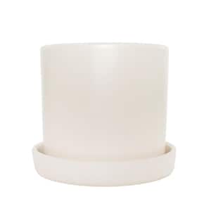7 in. Semi Matte Cream Hyde Container with Saucer (1-Piece)