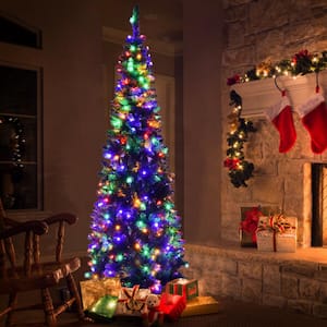 7.5 ft. Green Pre-Lit LED Pencil Artificial Christmas Tree with 350 Multi-Color lights and Metal Stand