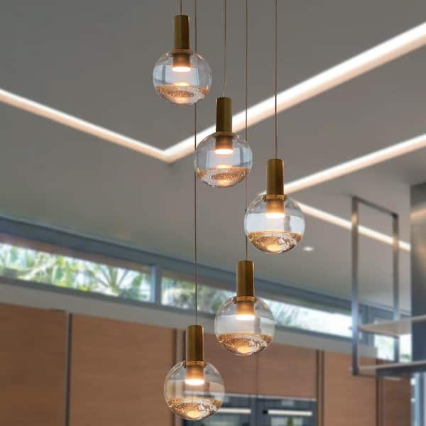 Sienna 9.5 in. 5-Light ETL Certified Integrated LED Chandelier Height Adjustable Pendant with Globe Shades, Brass