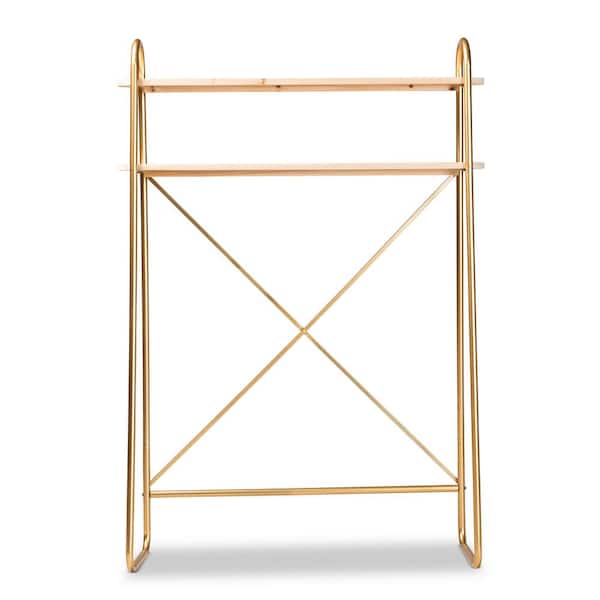 Baxton Studio Merida Natural and Gold 2-Tier Metal Shelving Unit (48 in. W x 68 in. H x 16 in. D)