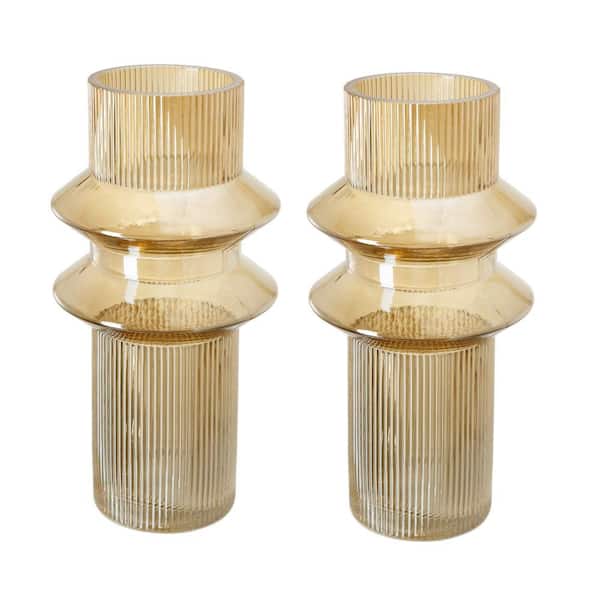 Benjara Yellow and Clear Cylinder Glass Geometric Vases (Set of 2)