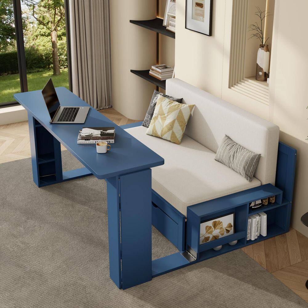 White Queen Size Daybed Convertible Platform bed with Removable Desk, Storage Drawer, Hydraulic Side Table - thumbnail 10