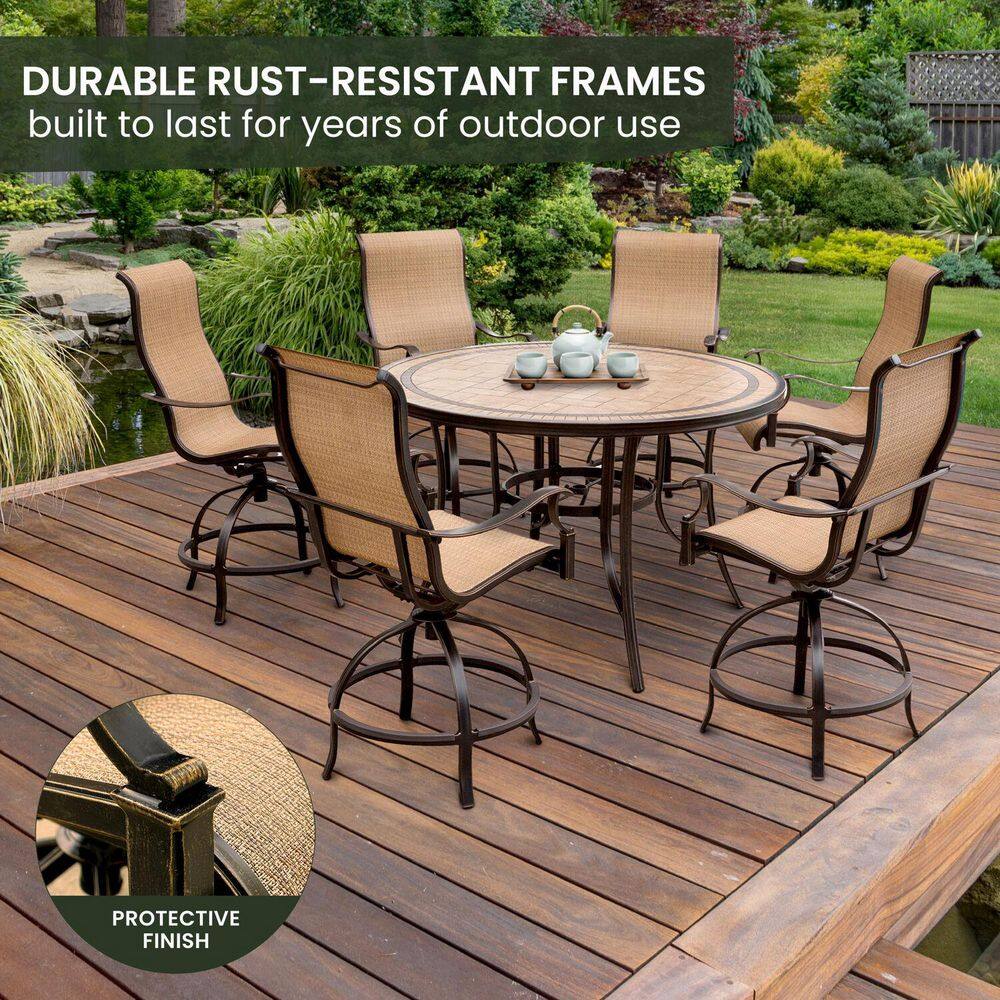 Monaco Tan and Bronze Aluminum 7-Piece High-Dining Set with Round Tile-Top Table