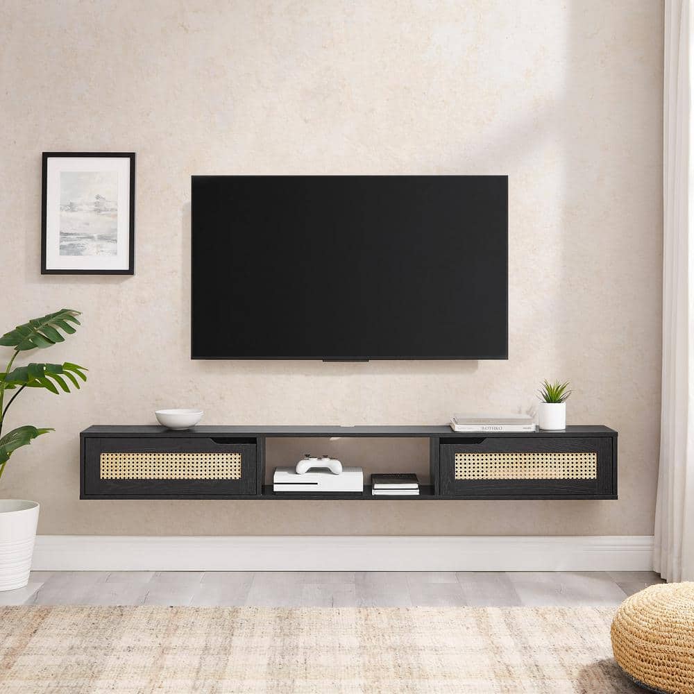 70 in. W x 9 in. D Black MDF Modern Rattan-Door Floating TV Stand Decorativ