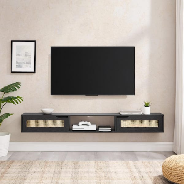 Unbranded 70 in. W x 9 in. D Black MDF Modern Rattan-Door Floating TV Stand Decorative Wall Shelf Wall Mounted TV Cabinet