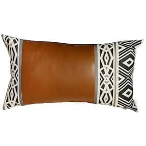 Brown Boho Handcrafted Vegan Faux Leather Lumbar Abstract Geometric 12 in. x 20 in. Throw Pillow Cover