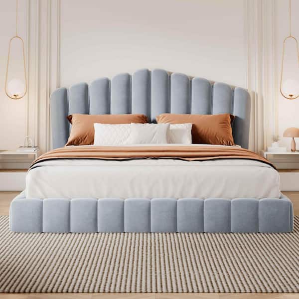 Light Blue Wood Frame Queen Platform Bed with Shell-Shaped Headboard