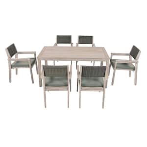 Whitewashed 7-Piece Wood Outdoor Dining Set with Rattan Backrest and Grayish Green Cushions for Patio and Backyard