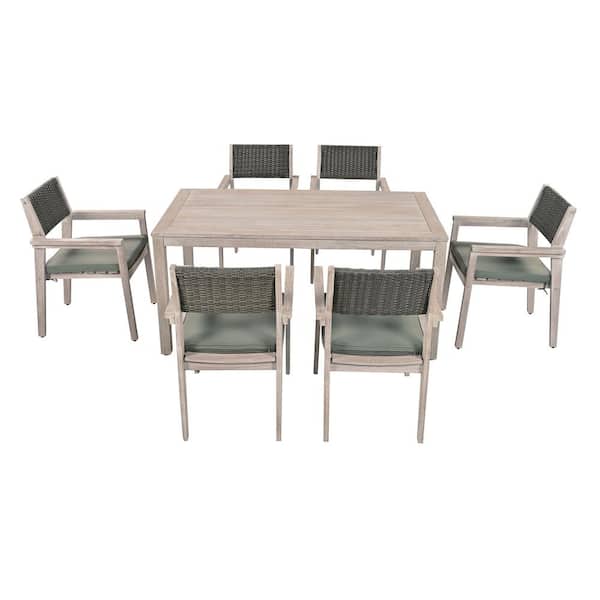 Unbranded Whitewashed 7-Piece Wood Outdoor Dining Set with Rattan Backrest and Grayish Green Cushions for Patio and Backyard