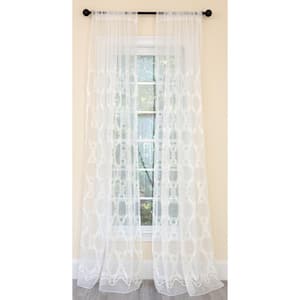 Krystal Clear Geometric Embroidered Sheer Single Rod Pocket Curtain Panel in White - 54 in. x 84 in.