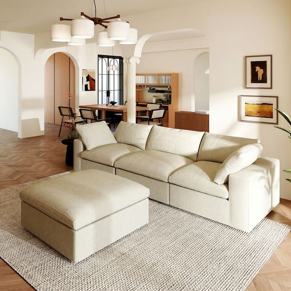 Large 118 in. Square Arm 3-Seater Polyester L Shape Modular Tuxedo Sofa with Storage Ottoman, Detachable Covers in Khaki