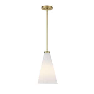 Bristol 9 in. W x 15 in. H 1-Light Warm Brass Standard Pendant Light with Fluted White Opal Glass Shade