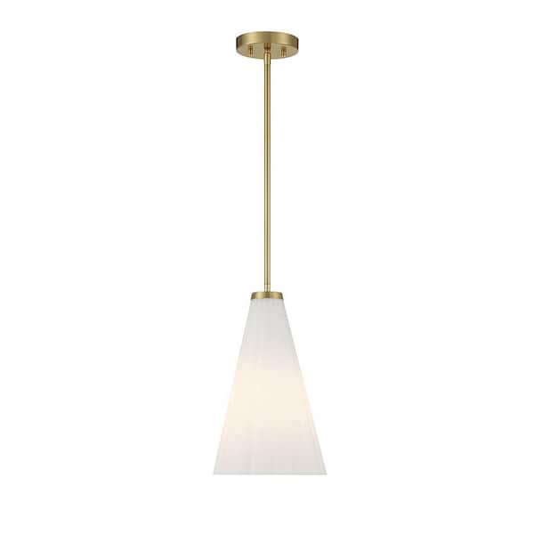 Savoy House Bristol 9 in. W x 15 in. H 1-Light Warm Brass Standard Pendant Light with Fluted White Opal Glass Shade