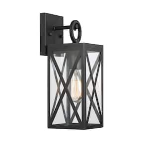 5 in. W x 13.75 in. H 1-Light Black Hardwired Outdoor Wall Sconce with Clear Glass Shade