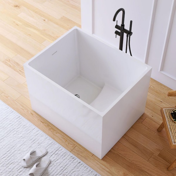 35 in. x 27.5 in. Acrylic Flatbottom Freestanding Japanese Soaking Bathtub in White with Seat