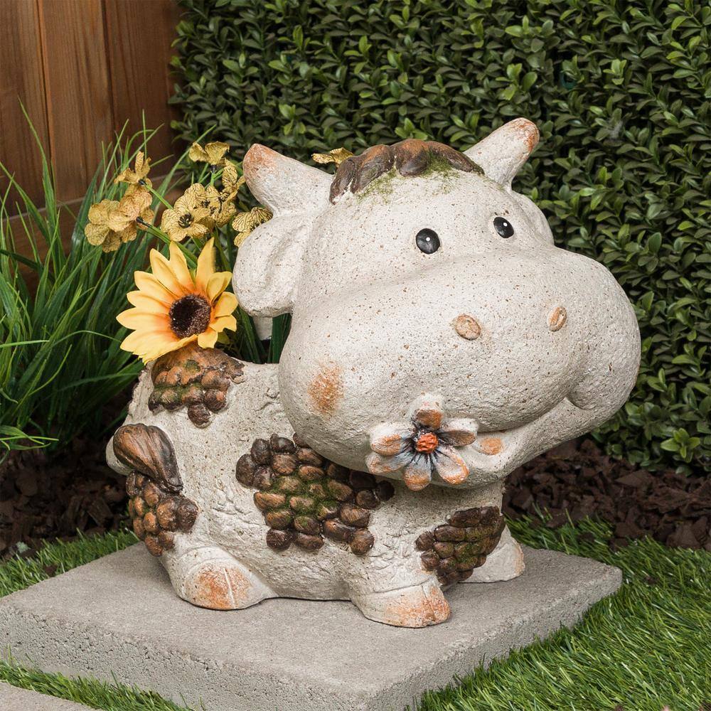 Gray Ceramic Smiling Cow Novelty Outdoor Planter with Drainage Hole