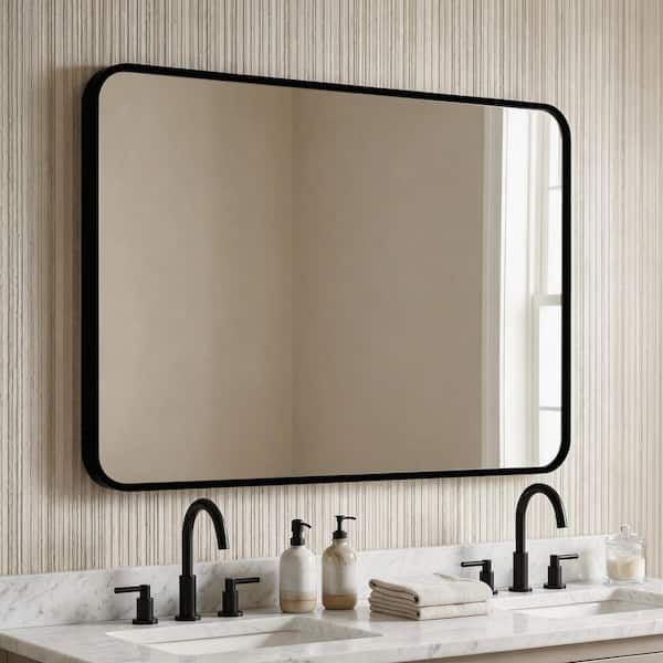 Black 30 in. W x 40 in. H Metal Rectangular Frameless Wall Mount Bathroom Vanity Mirror, Makeup Mirror