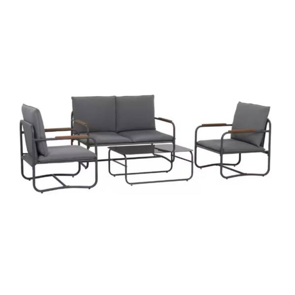 Zeus & Ruta 4-Piece Metal Patio Conversation Sofa Set with Dark Gray Cushions for Porch, Balcony, Garden, Backyard