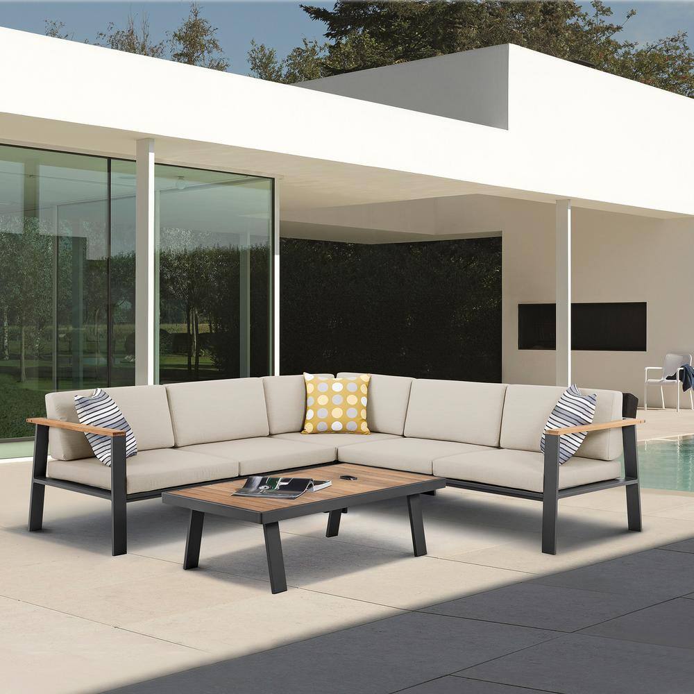 Nofi Charcoal 3-Piece Aluminum and Teak Wood Outdoor Sectional with Taupe C