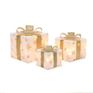 11.81 in. H White and Gold 3-Piece Snowflake Giftbox Holiday Decoration Set with Battery Operated Christmas Lights