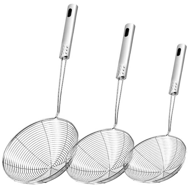 Silver Stainless Steel 4.5 in. 5.3 in. 6.1 in. Spider Skimmer Rofessional Pasta Strainer Spoon w/ Long Handle (Set of 3)