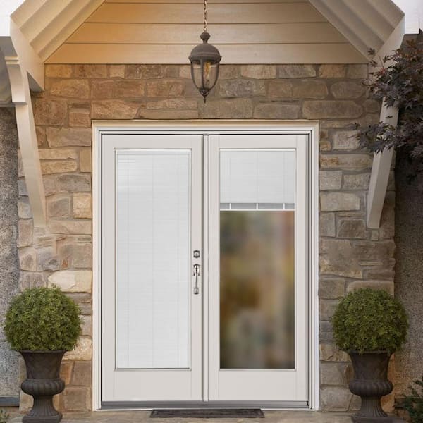 60 in. x 80 in. Fiberglass Smooth White Left-Hand Inswing Hinged Patio Door with Built in Blinds