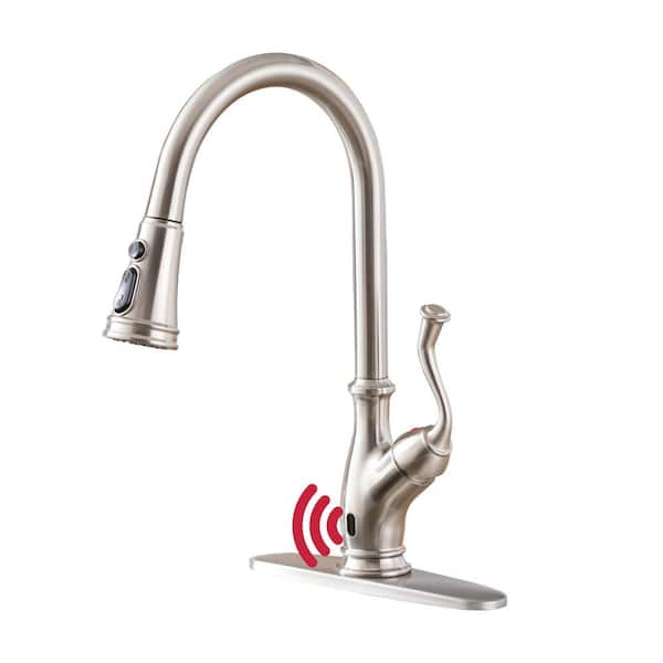 3-Spray Single Handle Touchless 1.8 GPM Pull Down Sprayer Kitchen Faucet in Brushed Nickel with Deckplate