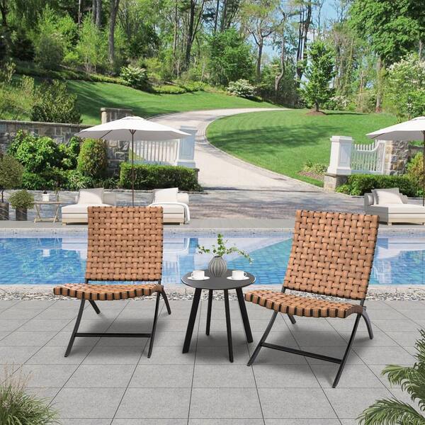 Clihome 3-Piece Metal Patio Conversation Set with Light Brown Folding Chairs and Black Table