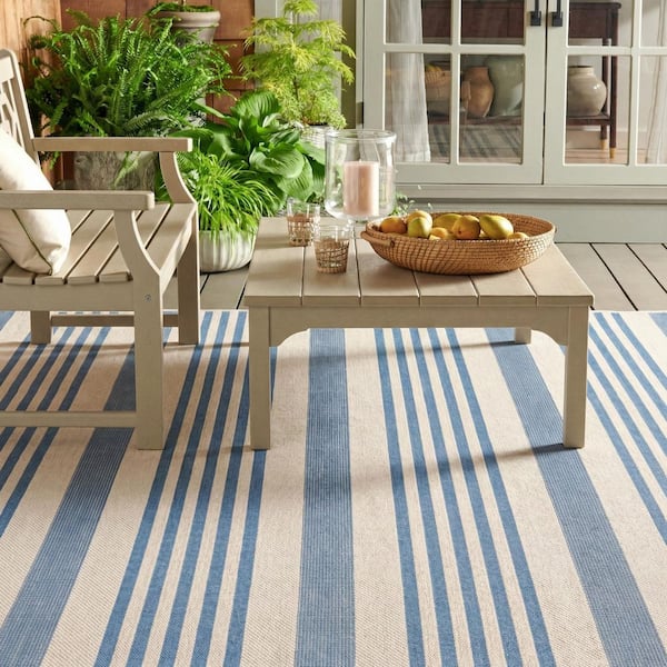Martha Stewart 7 ft. x 9 ft. Cream/Blue Striped Indoor/Outdoor Area Rug