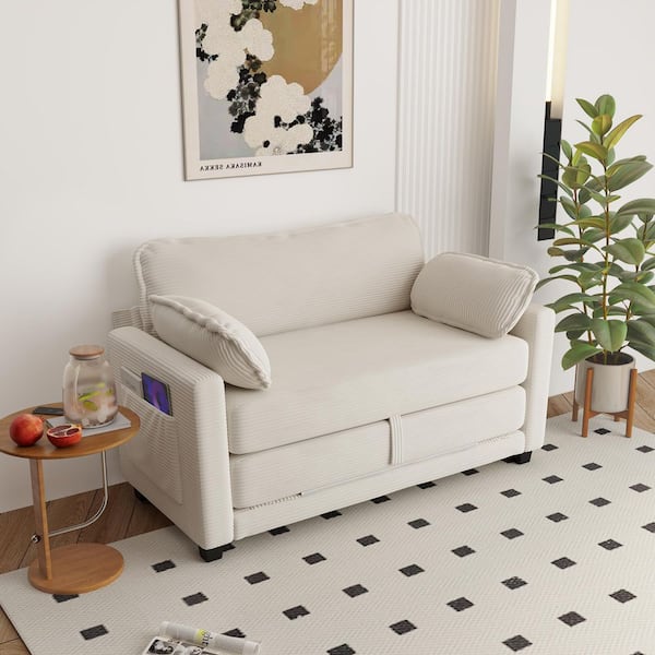 Yelmont Modern 51.15 in. Beige Corduroy Upholstered Twin Size Sofa Bed 2-in-1 Convertible Sleeper Sofa Loveseat