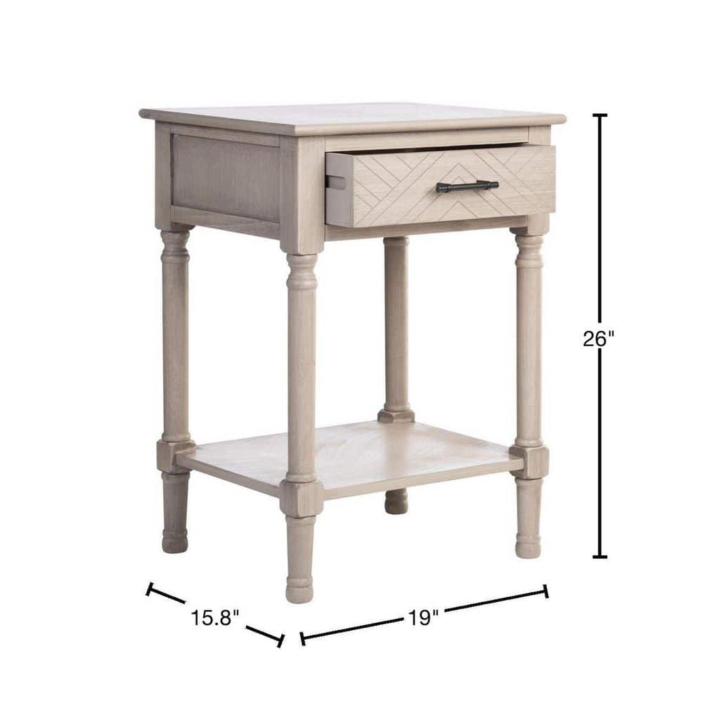 Greige Pine Wood Rectangular Storage End Table with Drawer