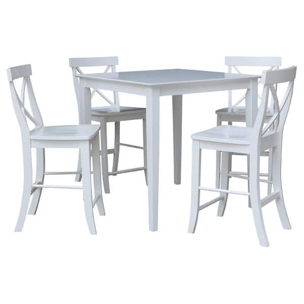 International Concepts 5-Piece 36 in. White Square Counter Height Dining Table with 4-X-Back Stools