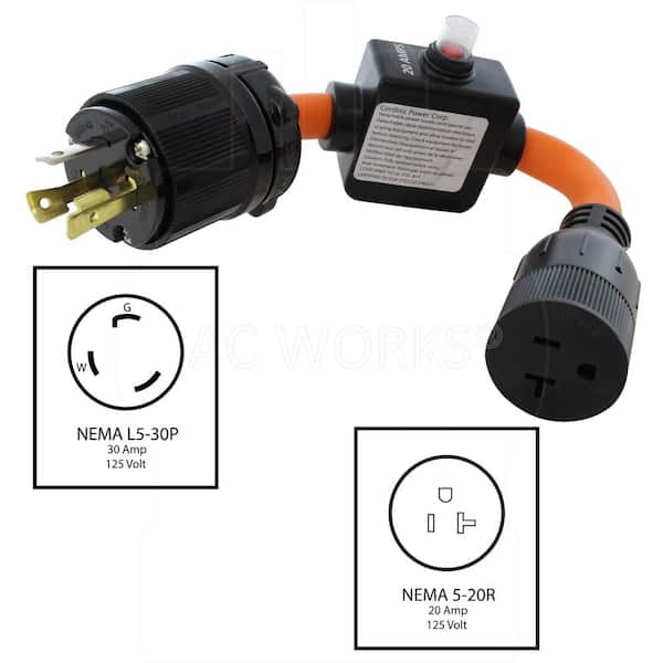 AC WORKS 30A 3-Prong L5-30P Locking Plug to Household Outlet with