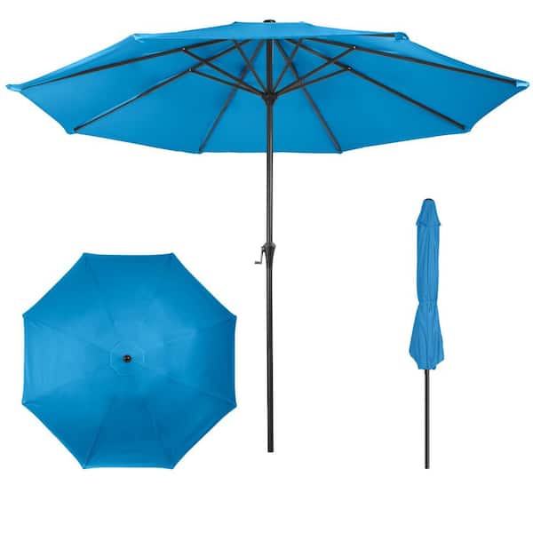 9 foot blue patio umbrella 9ft with Base and Remote Control, lift handle making it easy to open and close the canopy Augbeer 9 ft. Patio Umbrella