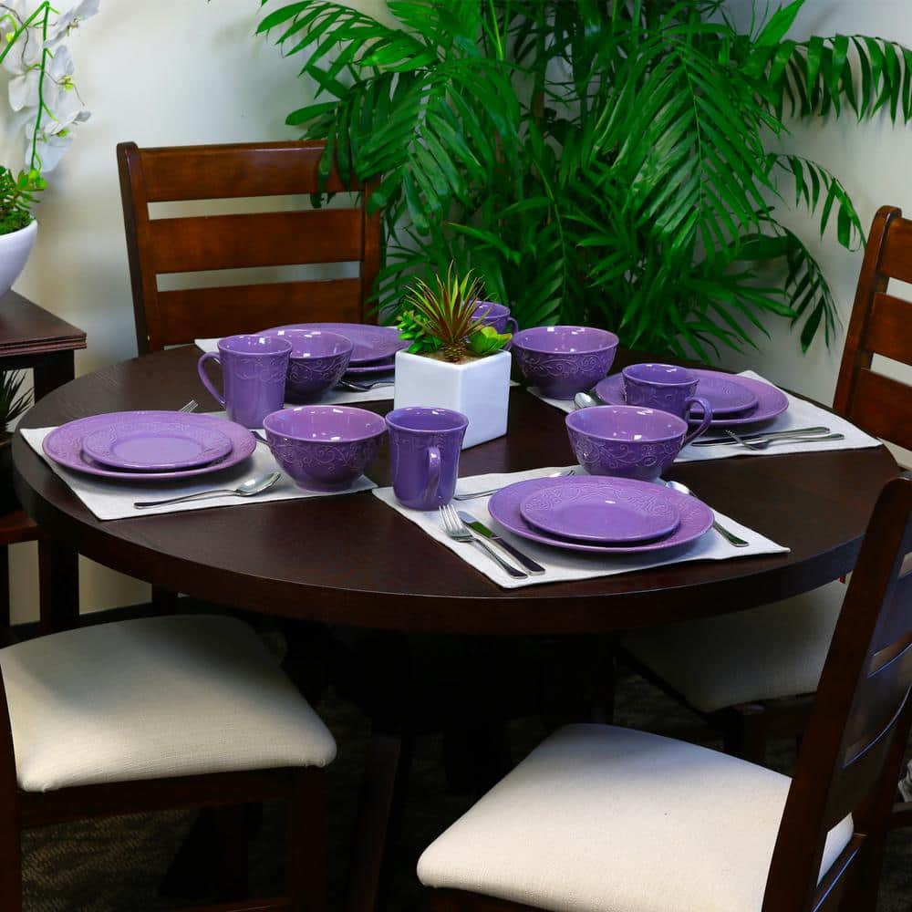 Elama Lilac Embossed Ceramic 16-Piece Dinnerware Set