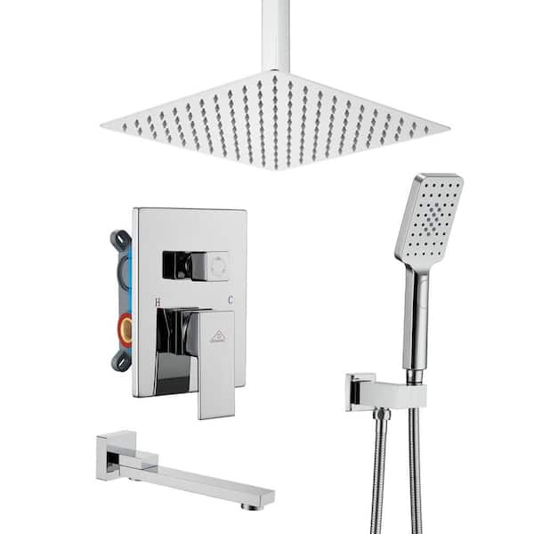 cadeninc 3-Spray Patterns with 12 in. Ceiling Mount Tub and Shower Faucet with Handheld Shower in Chrome