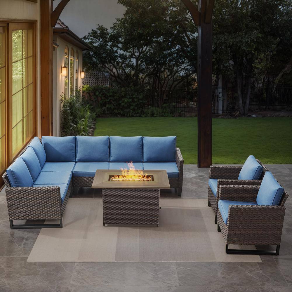 U-Weave 6-Piece Brown Wicker Outdoor Rectangular Fire Pit Conversation Set with Navy Blue Cushions and Sectional Sofa price history on PriceWatchPro