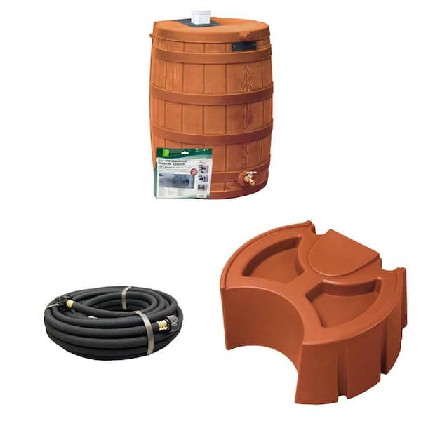 50 Gal. Terra Cotta Rain Barrel Kit with Diverter, Stand and 1/2 in. x 50 ft. Soaker Hose Combo