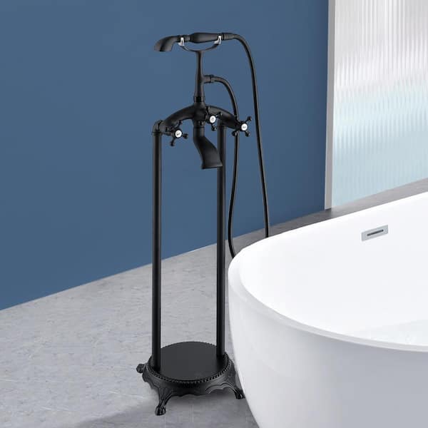 Satico 39-3/4 in. Double-Handle Freestanding Floor Mounted Bathtub Filler Faucets with Hand Held Shower Head in Matte Black