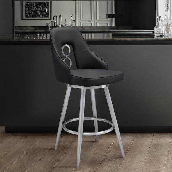 Armen Living Ruby Contemporary 26 in. Counter Height Bar Stool in Brushed Stainless Steel and Black Faux Leather
