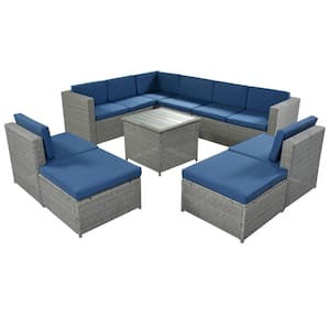 9-Piece Wicker Outdoor Sectional Set with Blue Cushions and Ottoman