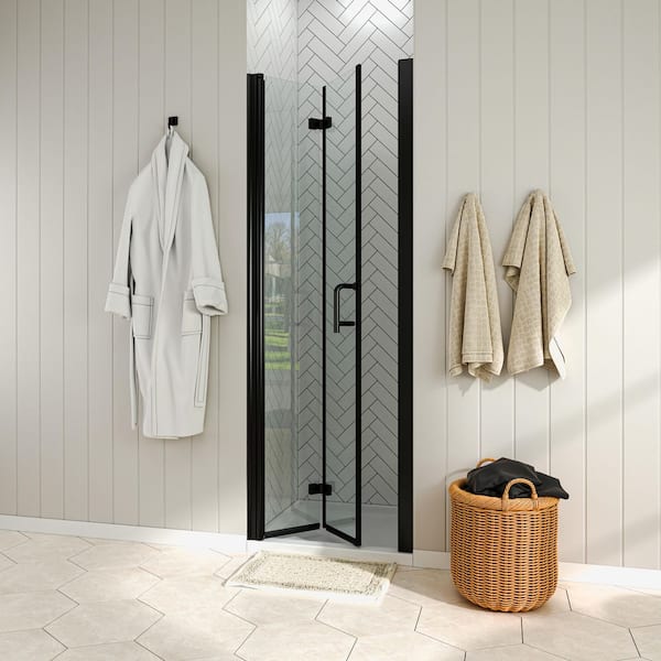 30 to 31-1/4 in. W x 72 in. H Bi-Fold Frameless Shower Doors in Black with Clear Glass