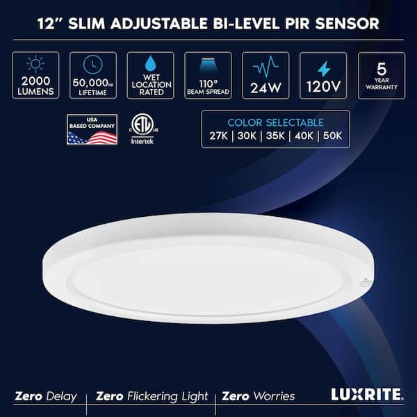 12 In. 1 Light Integrated LED Flush Mount Ceiling Light with Photocell Sensor, 5CCT, 2000LM, 24W, 110º, Wet Rated & ETL