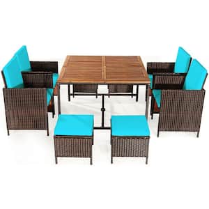 9-Piece Weather-Resistant PE Wicker Steel Outdoor Dining Set with Turquoise Cushions, Space-Saving Design