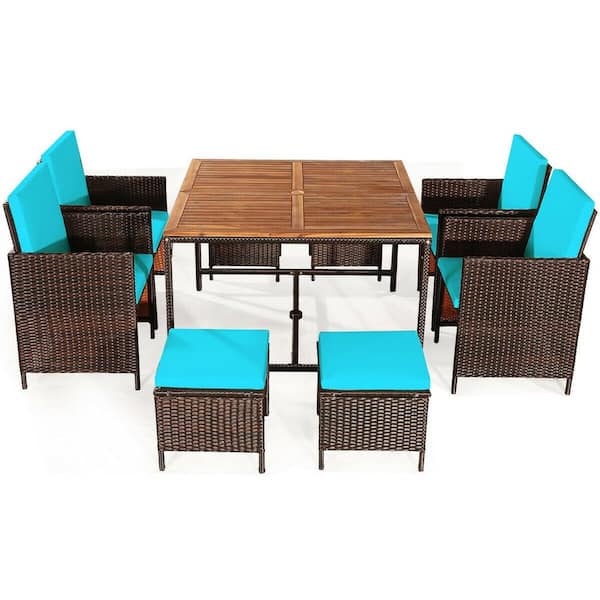 ANGELES HOME 9-Piece Weather-Resistant PE Wicker Steel Outdoor Dining Set with Turquoise Cushions, Space-Saving Design