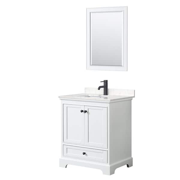 Wyndham Collection Deborah 30 in. W x 22 in. D x 35 in. H Single Bath Vanity in White with Carrara Cultured Marble Top and 24 in. Mirror